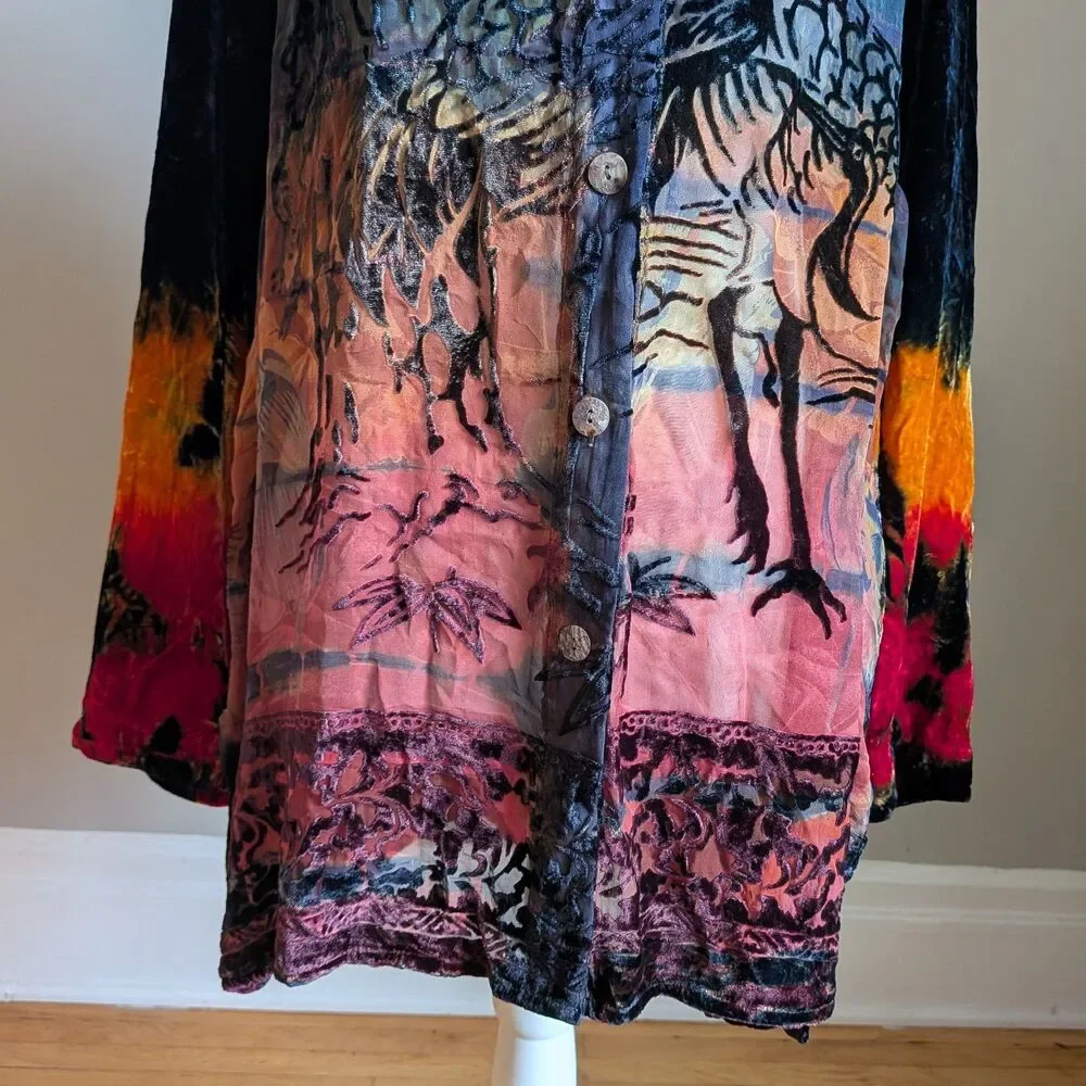 Vintage Y2K Citron Velvet Burnout Top Button Front Tie Dye Whimsygoth Size XL